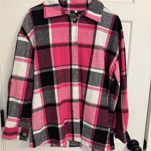 Amazon Women's Pink Plaid Button Down Shirt